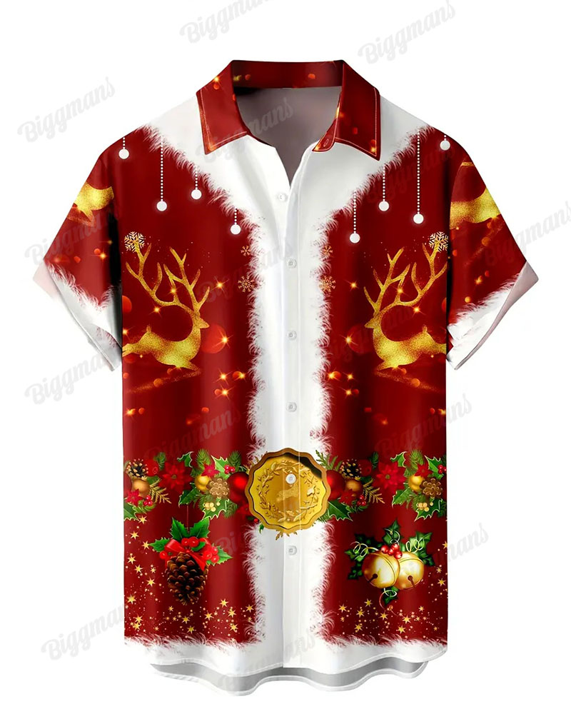 Men's Plus Size Christmas Elk Short Sleeve Shirt Shorts 2-Piece Set