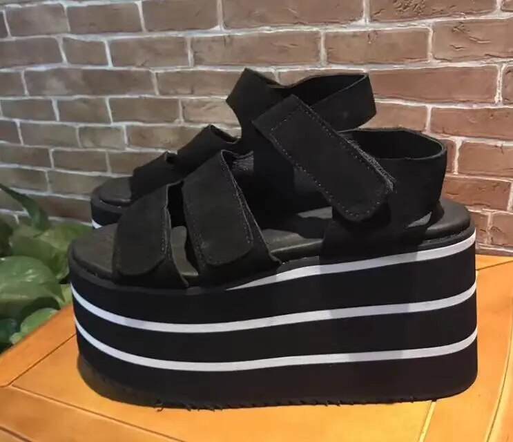 VCshoes Women Retro Black Stripe Sandals Lady High Thick Wedges Heels Pumps Girl Dress Party Shoes 32-47 9cm