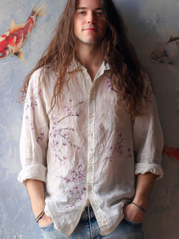 Men's Japanese Powder Purple Cherry Blossom Button-down Shirt  artssus