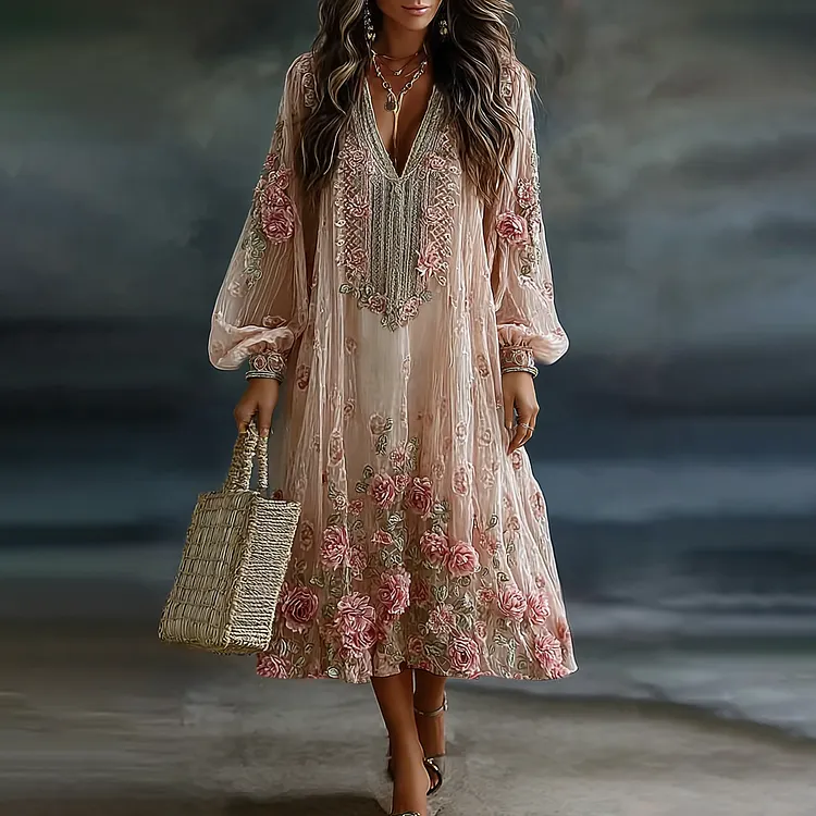 Women's Retro Floral Art Flowy Linen Blend Casual Long Sleeve Maxi Dress