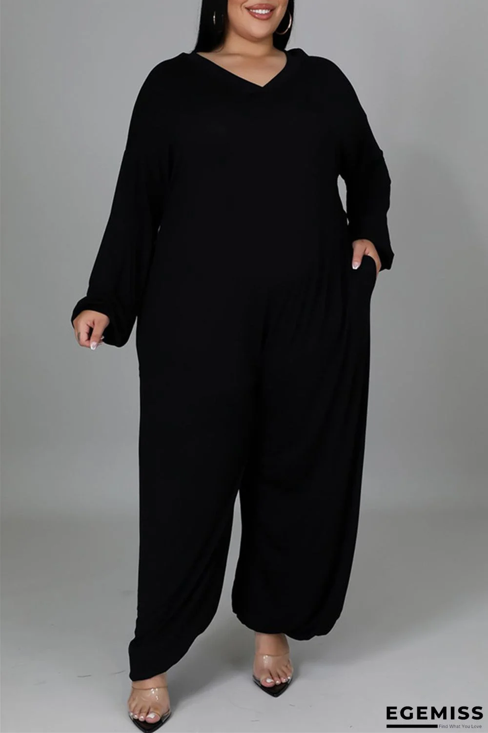 Black Fashion Casual Solid Basic V Neck Plus Size Jumpsuits (Without Belt) | EGEMISS