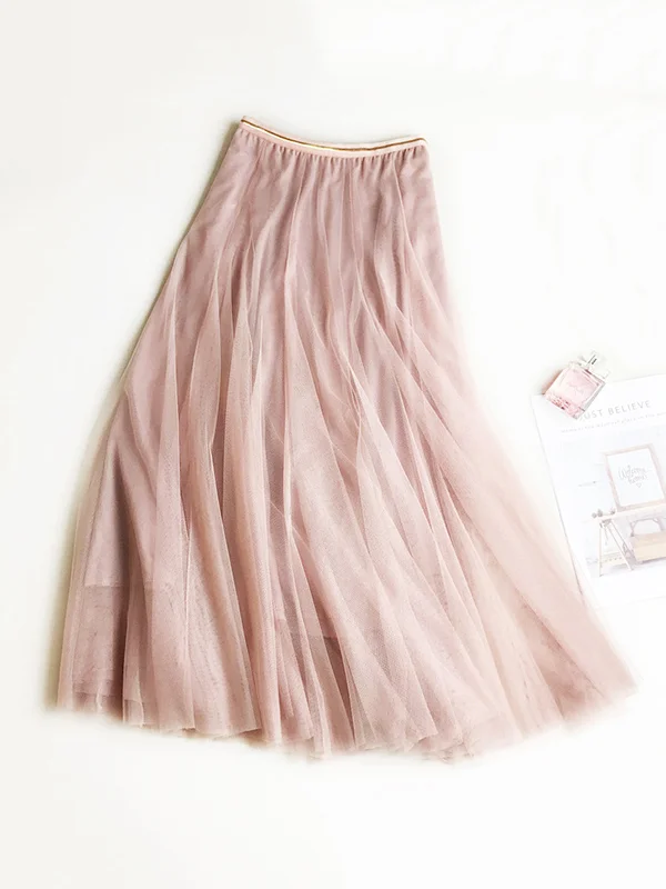 Solid Color Loose Elastic-Waist Mesh Skirt