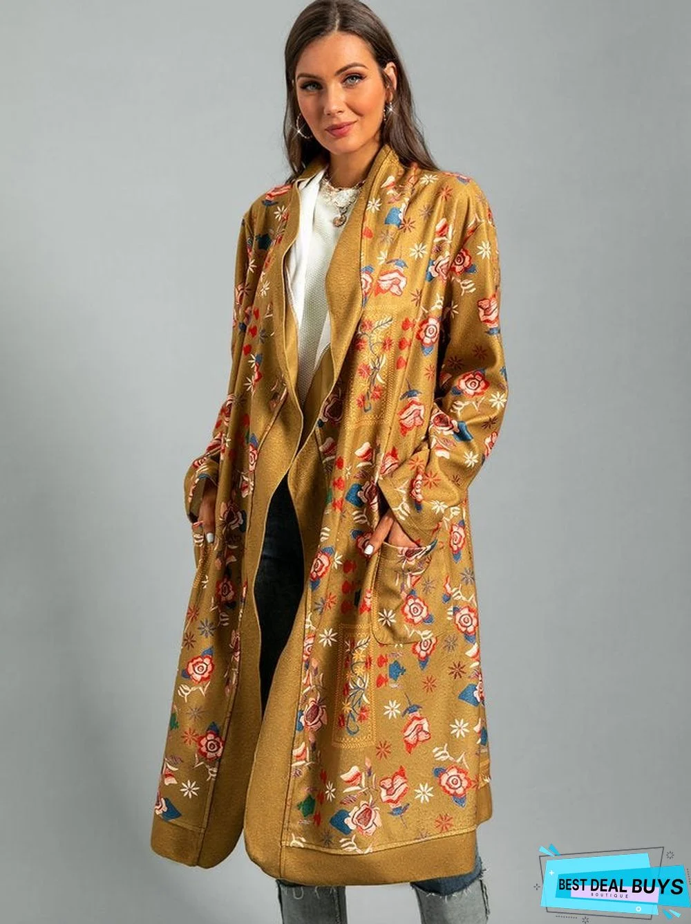 Tribal Long Sleeve Shift Shawl Collar Outerwear