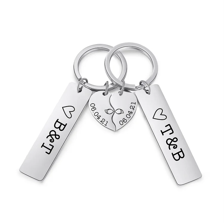 Personalisierbar 2 Buchstaben & Datum- Herz Paar Metall-Schlüsselanhänger