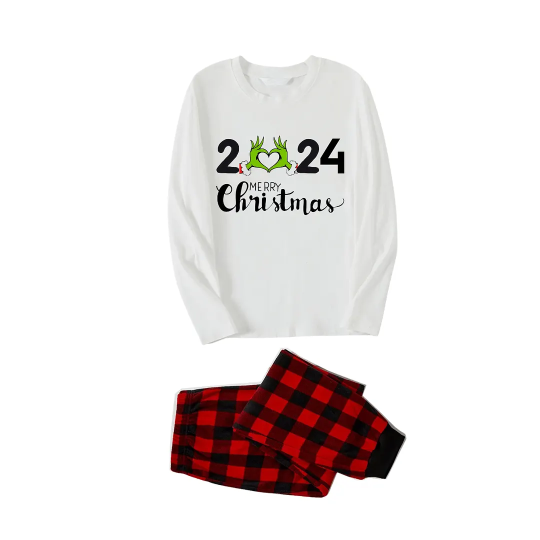 "Family Christmas 2024" Text Printed Red and Black Plaid Family Matching Pajamas