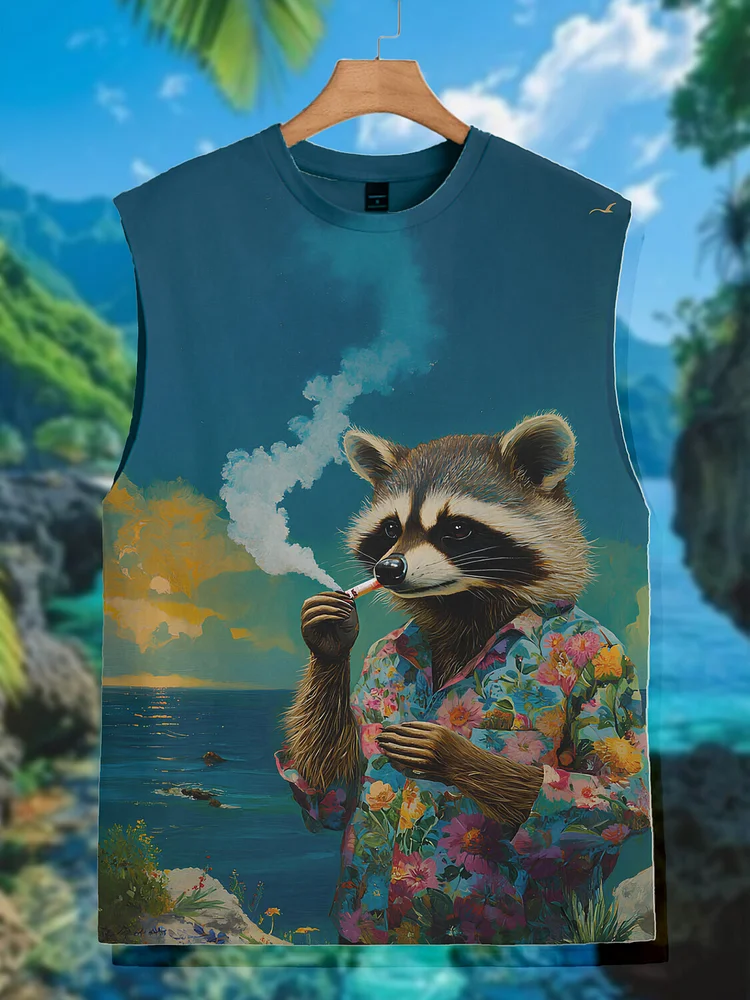 Men's Holiday Raccoon Smoking Funny Art Print Tank Top