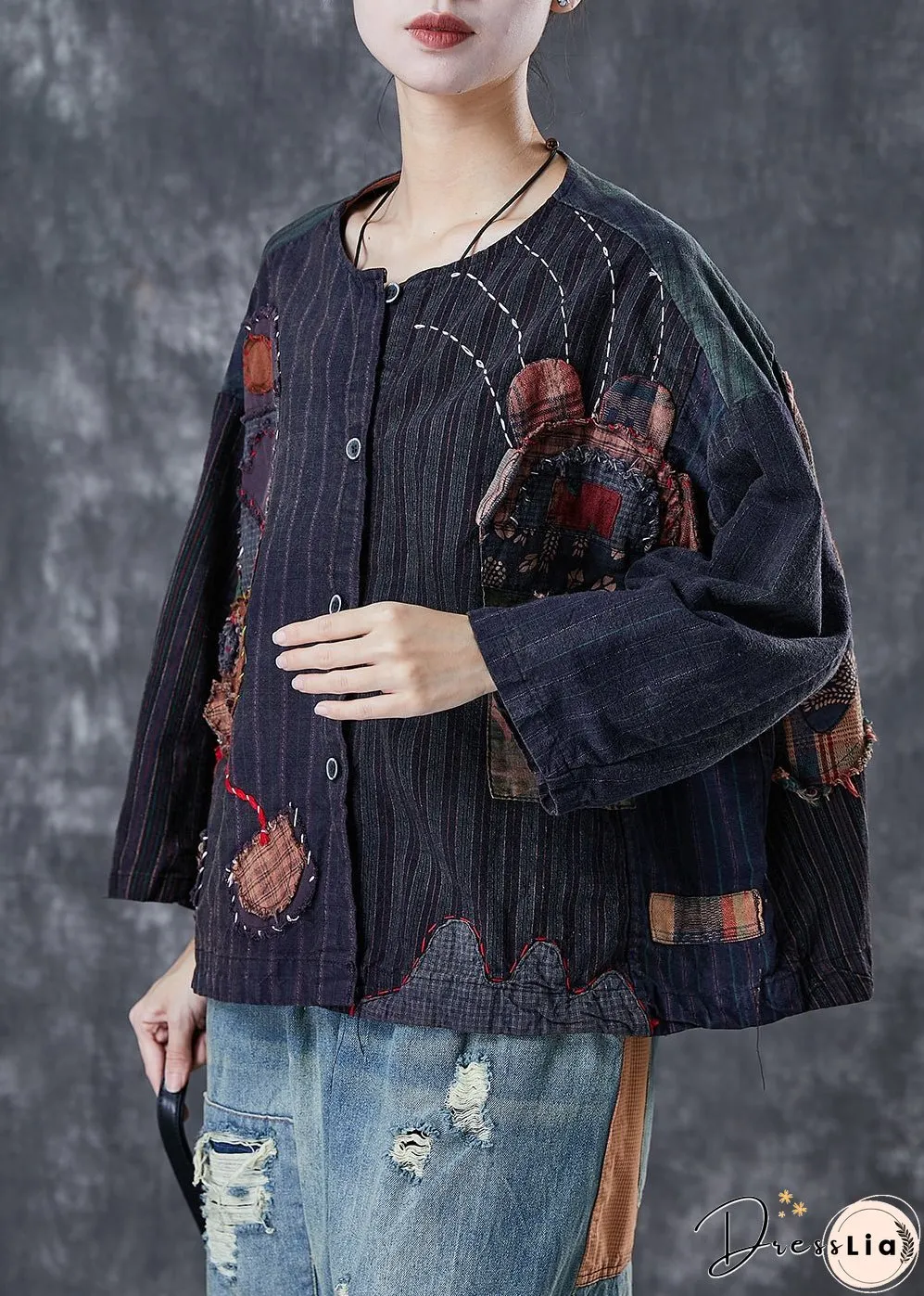 Vintage Black Oversized Patchwork Applique Cotton Coat Outwear Spring