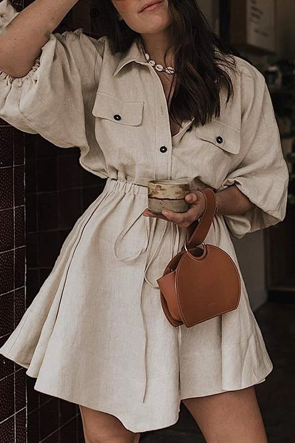 Womens Waist 3/4 Sleeve Cotton And Linen Dress-Allyzone-Allyzone