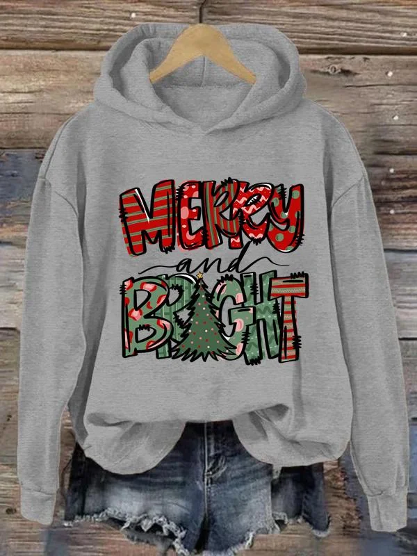 Merry And Bright Loose Pullover Hooded Sweatshirt-0020120