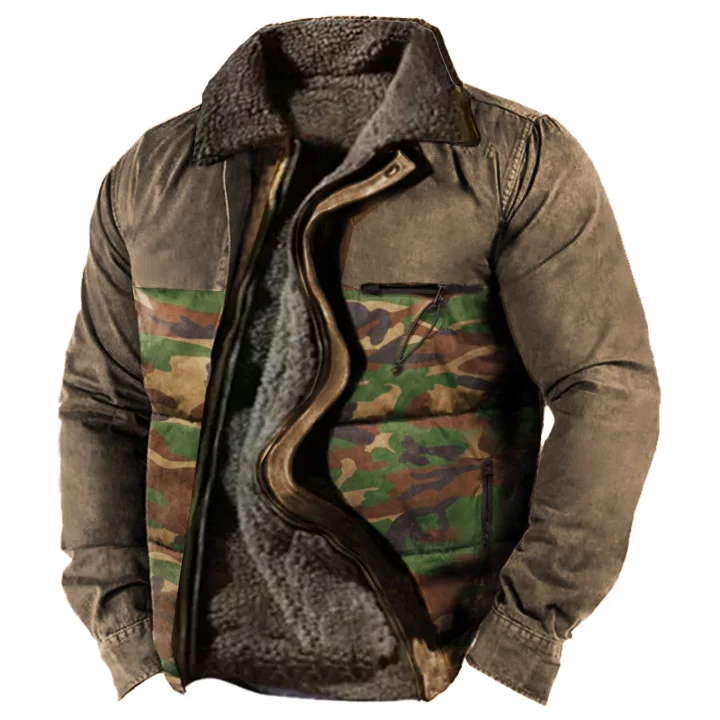 Men's Retro Lining Plus Fleece Zipper Camouflage Cotton Tactical Shirt Jacket