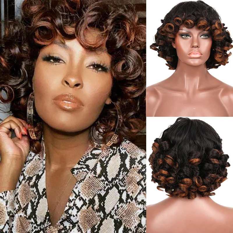 Brown Short Curly Wigs with Bangs Daily Party ELCNEPAL