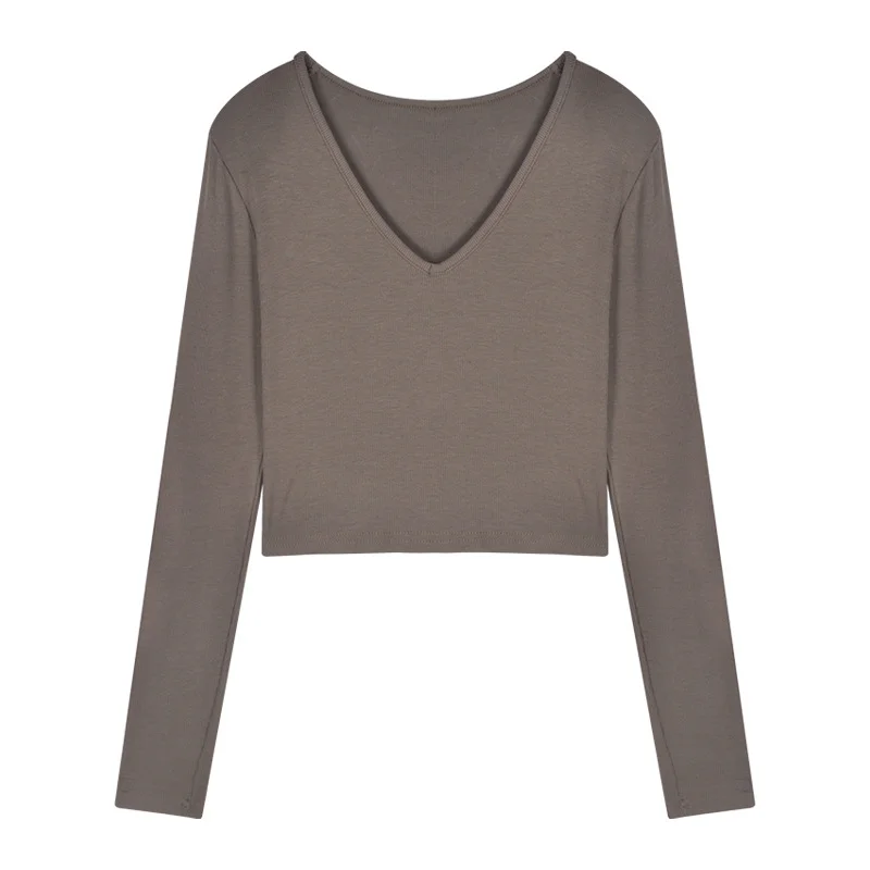 Uveng Uveng Women's Short Slim Long Sleeve With Bottom Shirt Autumn 2024 New Sexy V-Neck Collarbone Student Top Female