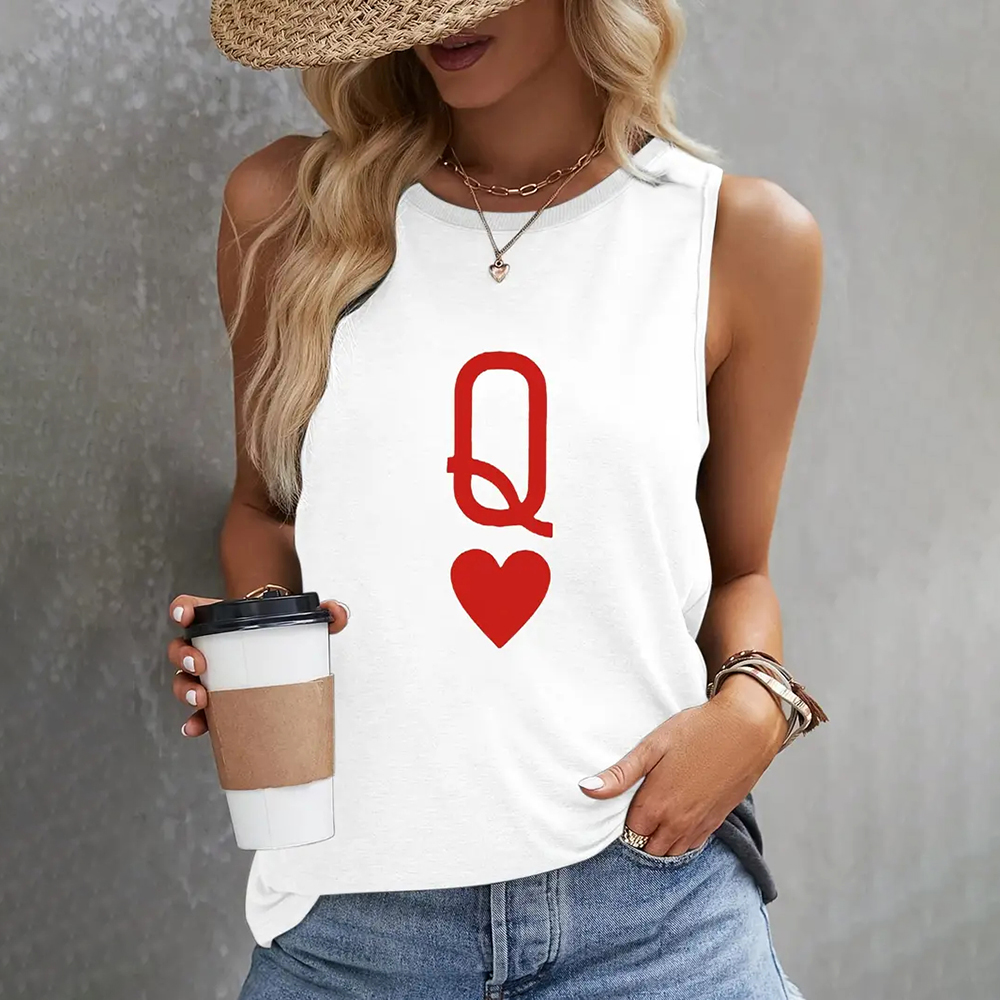 Teepublicz Women's Fashion Q of Hearts Pattern Printed Sleeveless Vest Simple White Sleeveless Tops Summer Breathable Women's Clothing