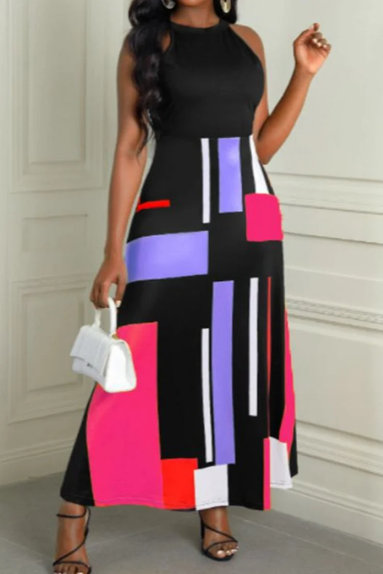 Rose Red Casual Color Lump Print Patchwork O Neck A Line Dresses