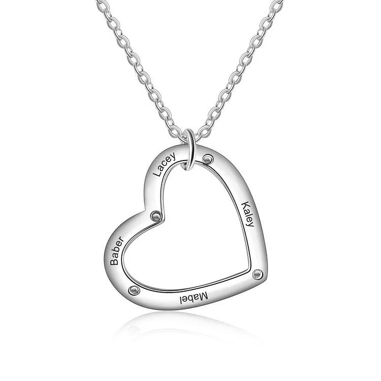Engraved Heart Necklace Personalized with 4 Names Love Pendant Famliy Necklace