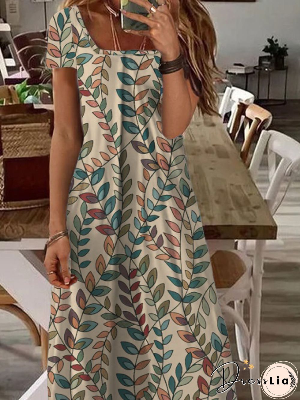 Casual Leaf Square neck Loose Short Sleeve Dresses