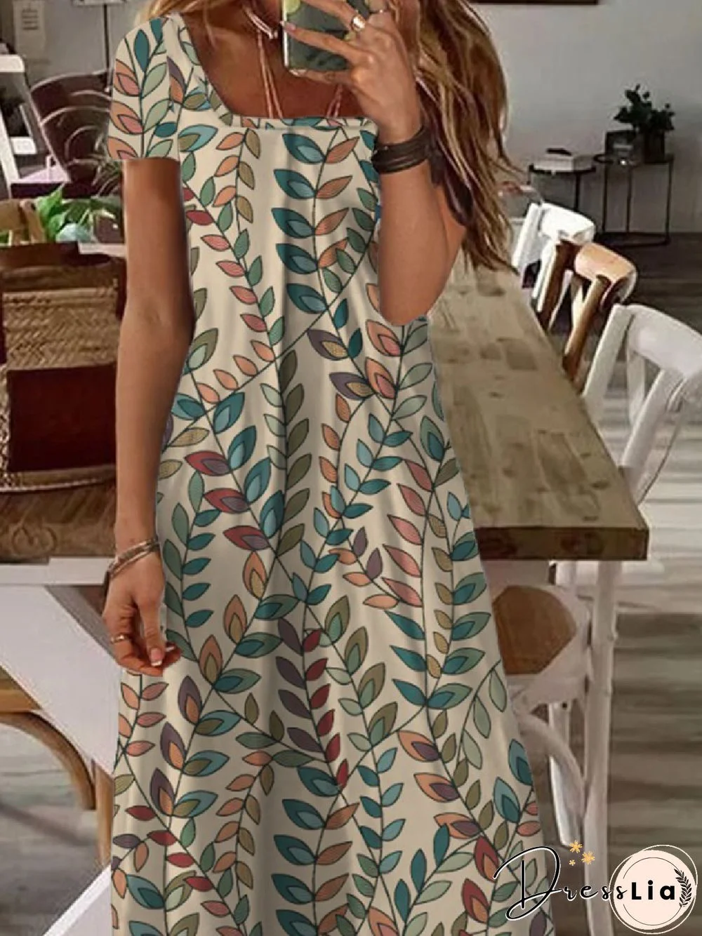 Casual Leaf Square neck Loose Short Sleeve Dresses