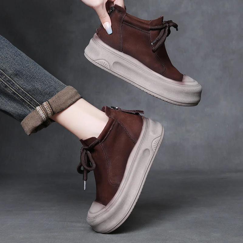 Yyvonne Cow Skin Retro Martin Boots Autumn And Winter New Round Head Tie And Ankle Boots Leather Leisure Short Boots Woman