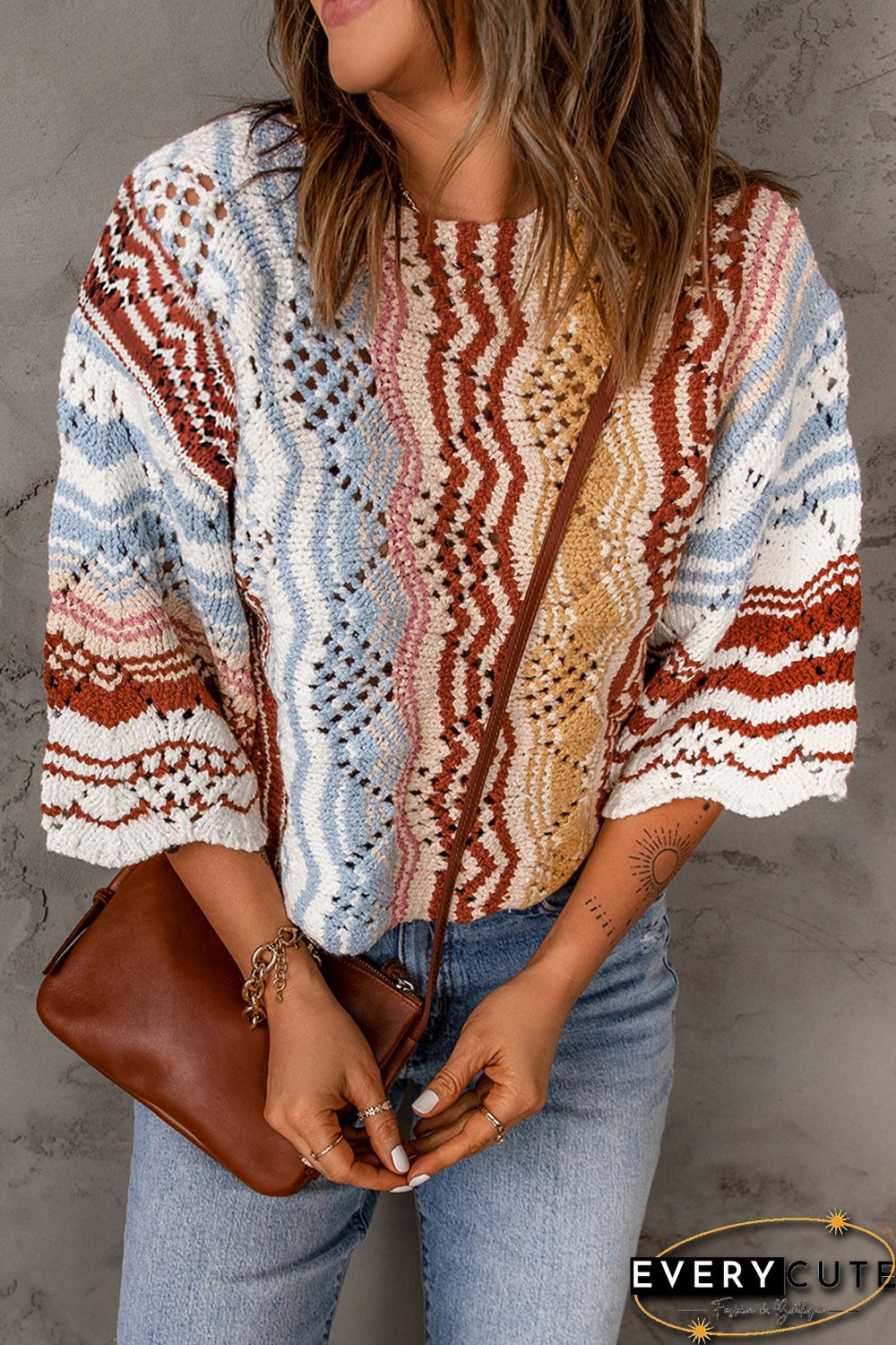 Multicolor Stripe Knit Hollow Out Drop Shoulder Sweater