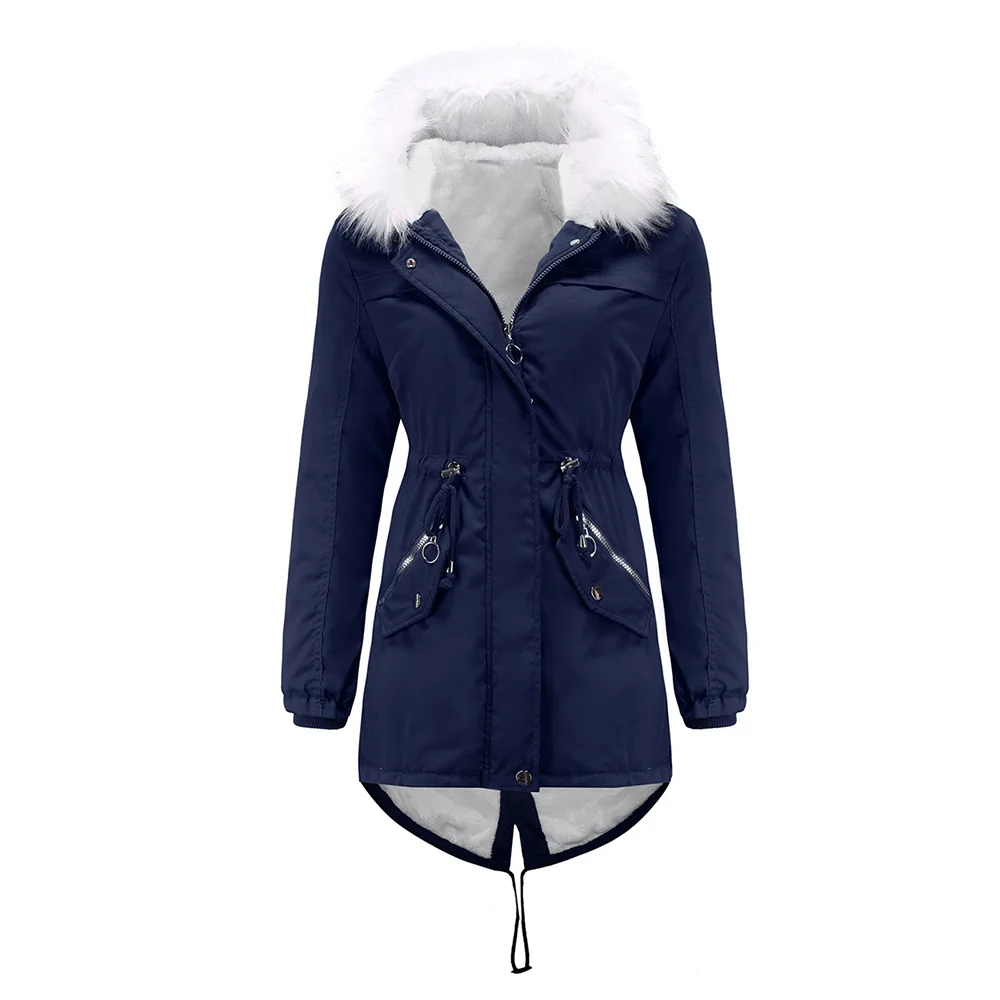 Navy Blue Fur Collar Warm Hooded Parka Coat