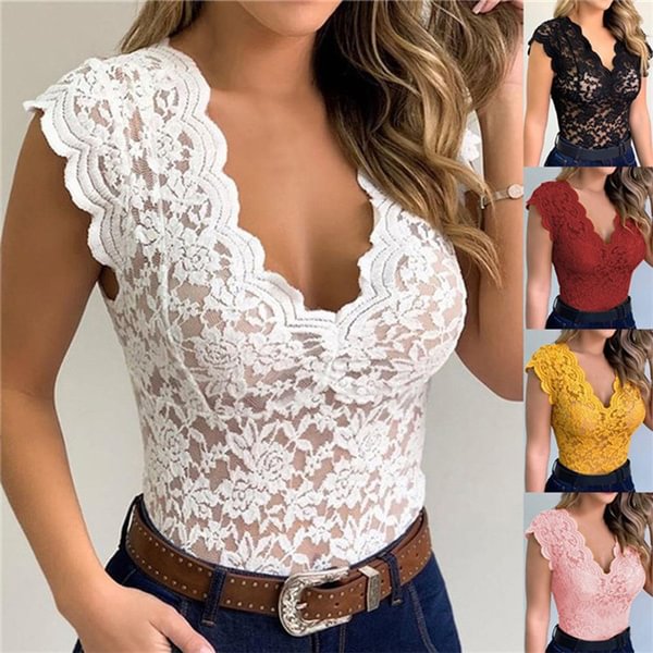 New Summer Fashion Women Shirt Lace Shirt See-through Casual Slim Fit Tops Plus Size Short Sleeve Deep V-neck Temperament Shirt Size S-5XL - Shop Trendy Women's Clothing | LoverChic