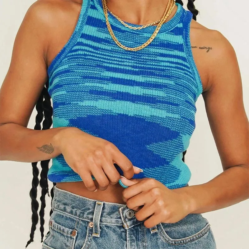 V-neck Crop Top Womens Sleeveless Y2K Basic Shirts Casual Summer Off Shoulder Blue Neck