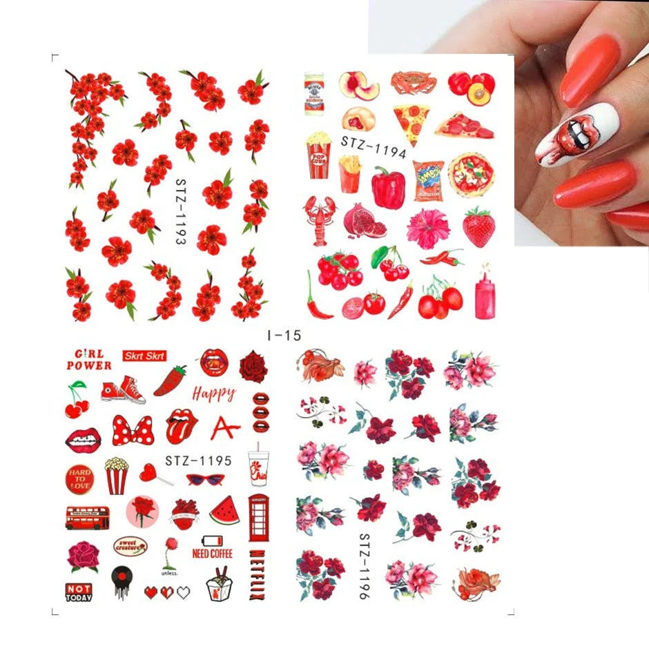 Nail Stickers Water Transfer Flowers Leafs Abstract Art Designs 4Pcs/Set Nail Decal Decoration Tips For Beauty Salons-Nail Inspo