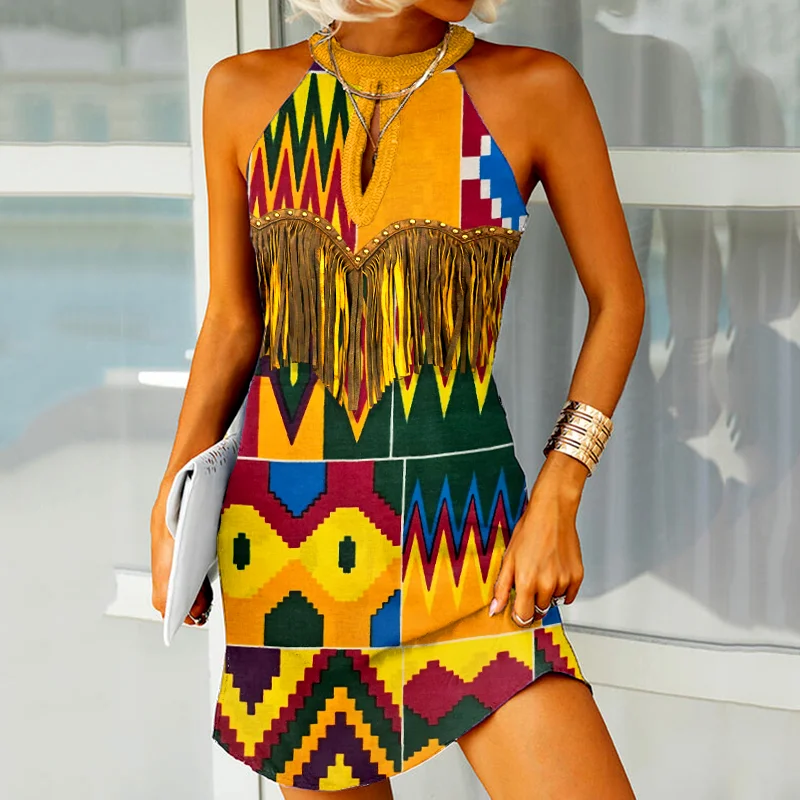 Africa Geometric Patchwork Ethnic Tassels Sexy Mini Dress