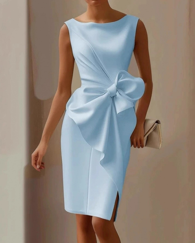 Large Bow Trim Side Split Round Neck Sleeveless Midi Dress