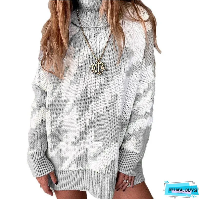 Thanksgiving Gift Autumn And Winter New Knitting Color Contrast Turtleneck Loose Women's Long Sleeve Sweater Casual All-Match Ladies Sweaters