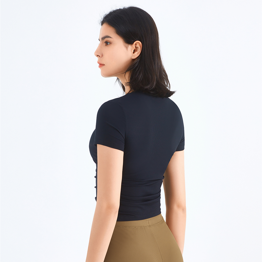 Different types of black quick dry ruched side short sleeve comfortable cool workout gym t shirt online shopping on Hergymclothing
