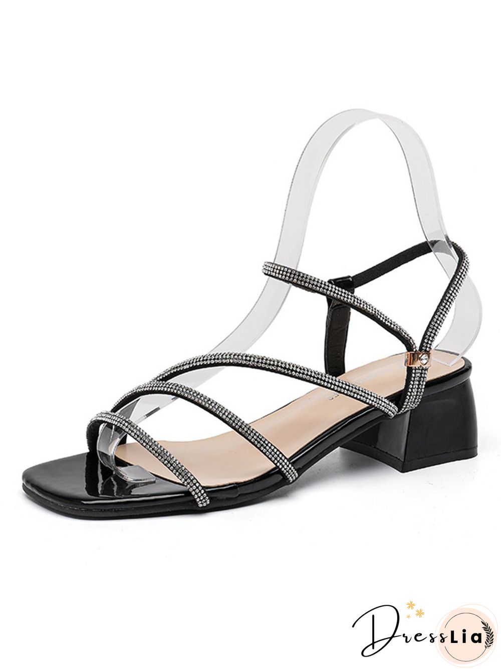 Rhinestone Thin Strap Chunky Heel Sandals