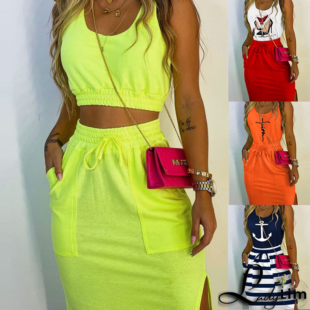 Women's Printed Casual Tank Top Sports Skirt Two Piece Set