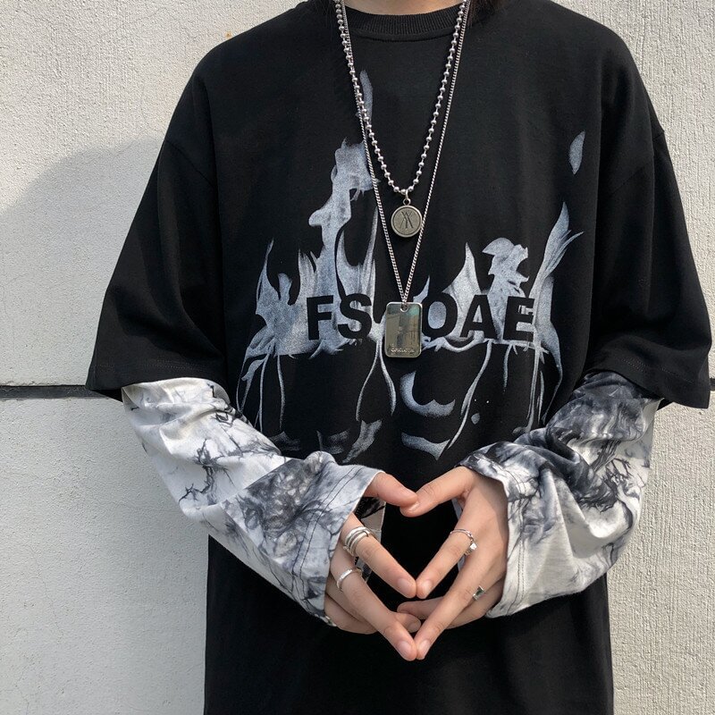 Tie-dye Flame Print Fake Two-piece Unisex T-shirt