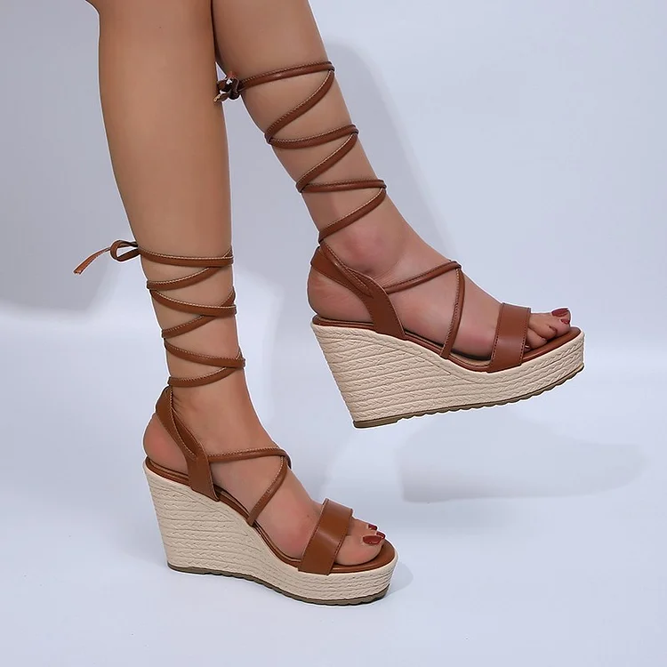 LACE UP STACKED PLATFORM SANDALS WEDGES