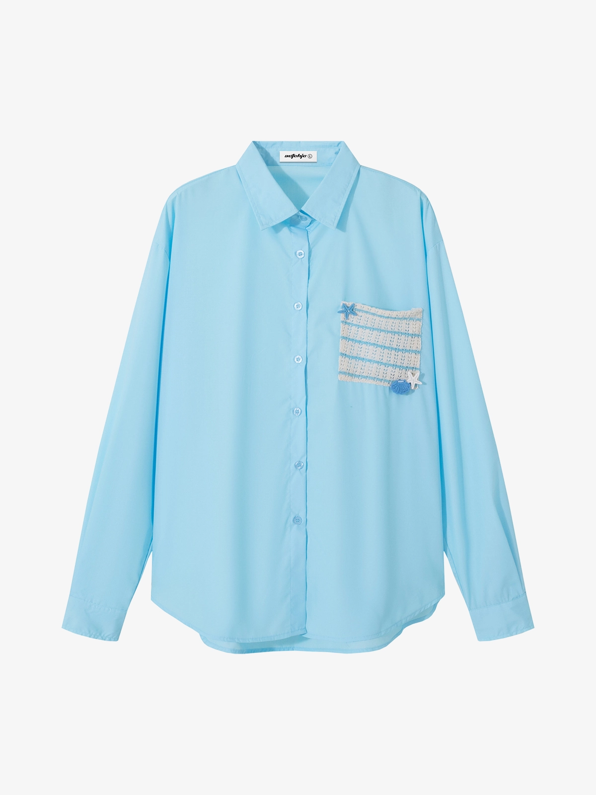 Blue Act Chic Starfish Stripe Appliqué Embroidery Long Sleeve Shirt Front