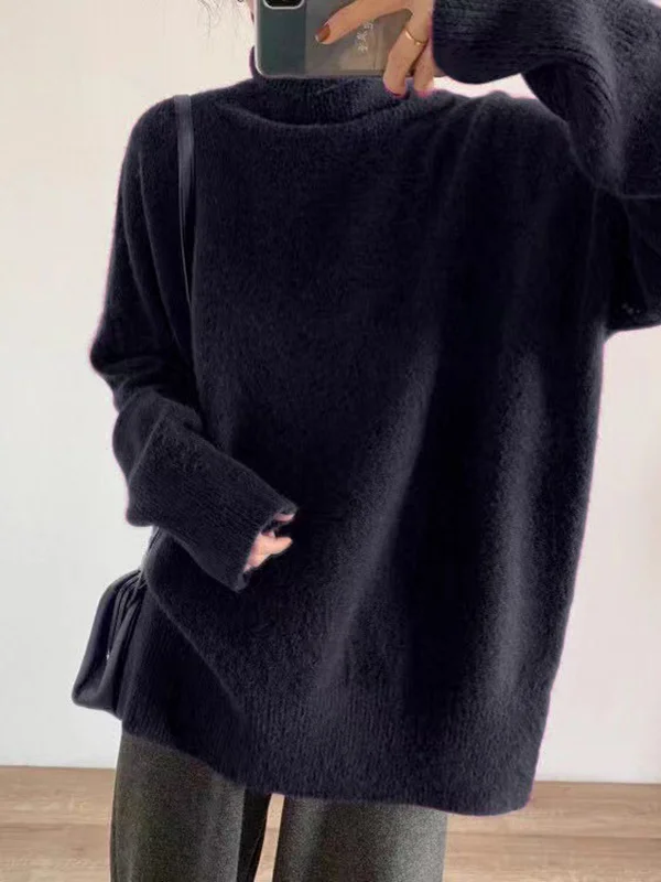 Long Sleeves Loose Solid Color Split-Joint Split-Side High Neck Sweater
