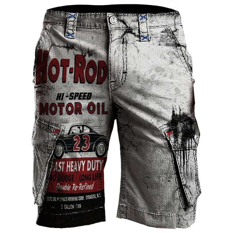 Mens Outdoor Retro Motor Oil Print Shorts