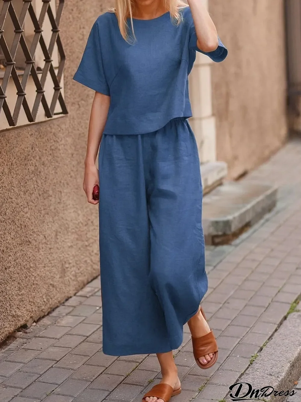 Women Casual loose solid color short-sleeved top + Pant two-piece set