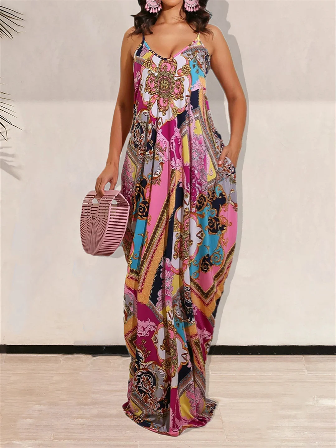 Women's Sleeveless Scoop Neck Floral Printed Maxi Dress