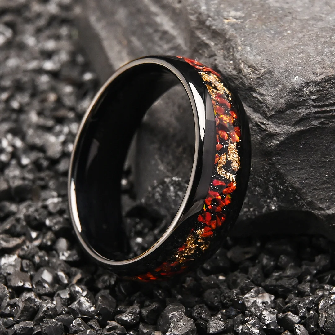 8MM Electroplated Black Tungsten Carbide Rings with Red Opal Foil Wedding Bands For Women and Men
