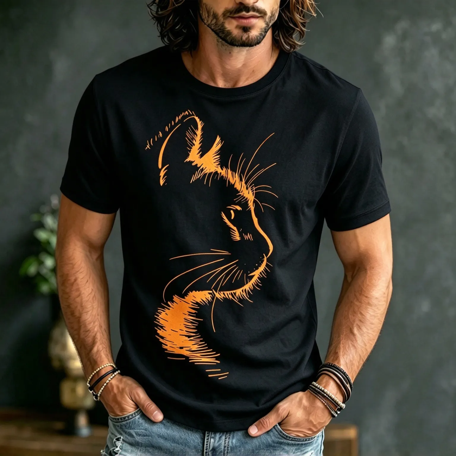 Men's Cat Print Linen T-shirt  artssus