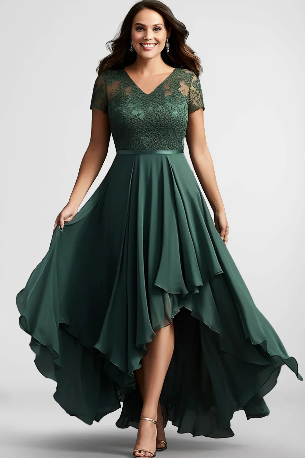 Flycurvy Plus Size Mother Of The Bride Pine Green Irregular Hem Overlay Tea-length Dress