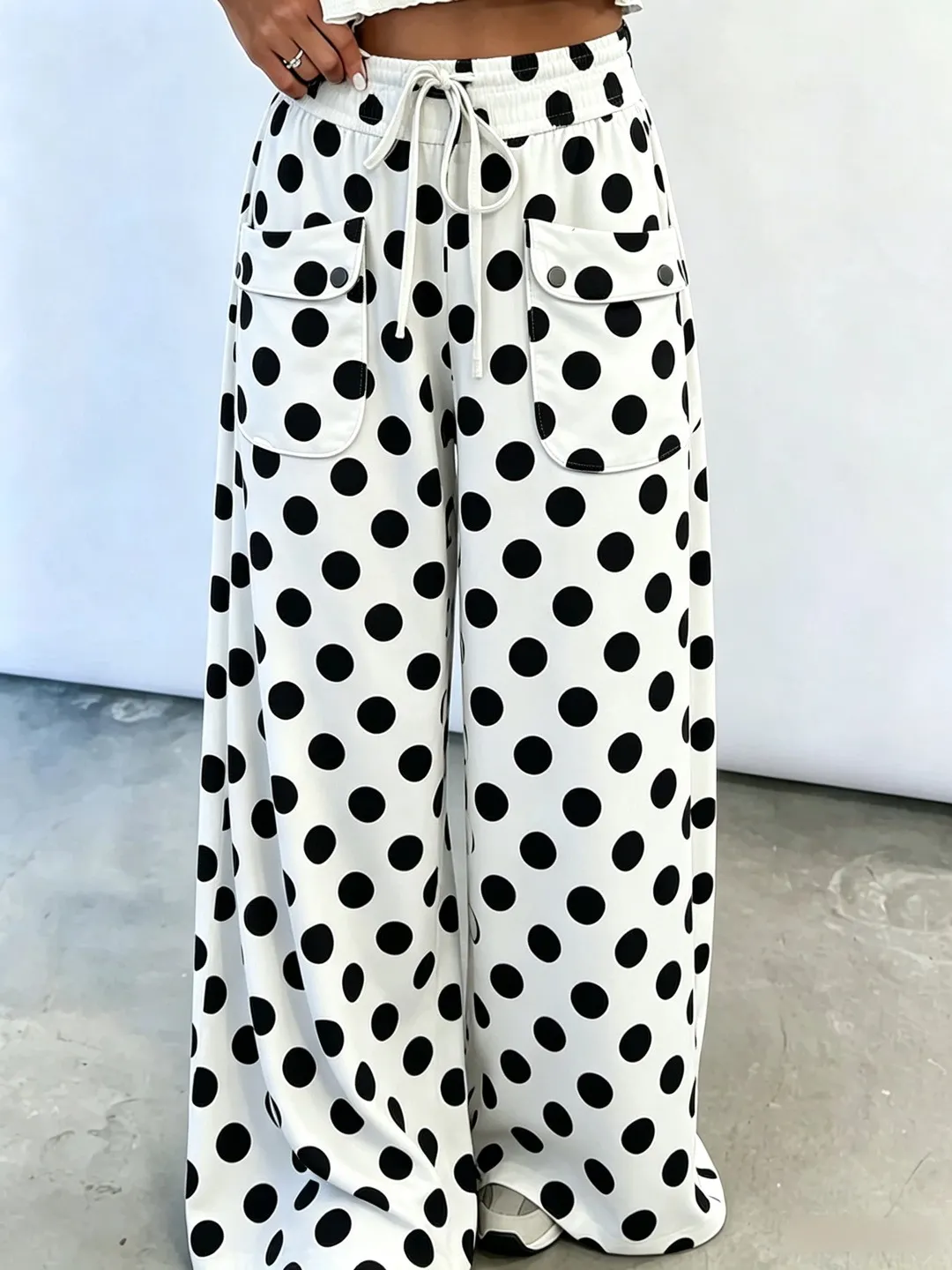 Women Black White Polka Dot Wide Leg Cargo Pants