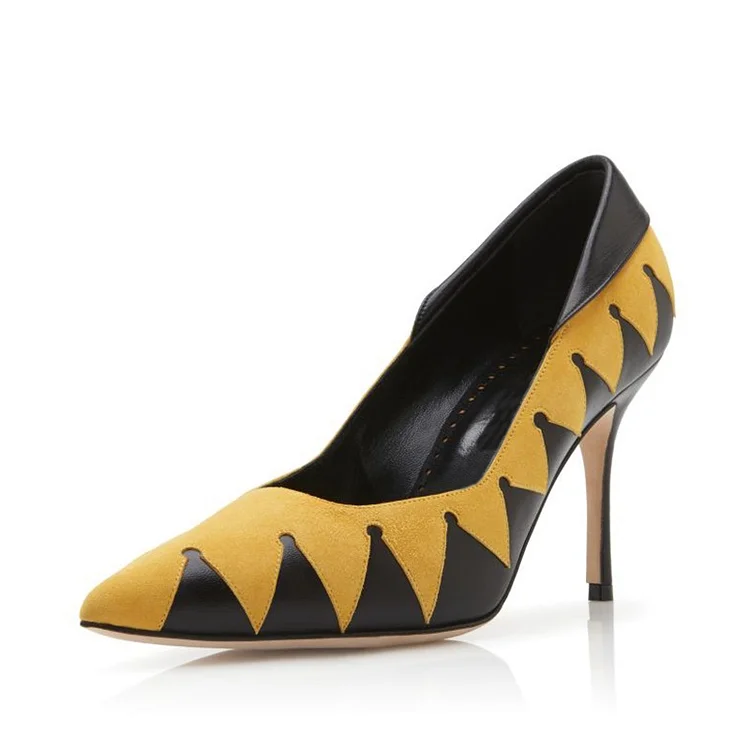 Black and Yellow Contrast Stiletto Heels Pumps |FSJ Shoes