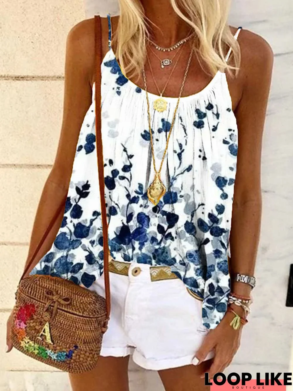 Sleeveless Cotton-Blend Casual Floral Tops