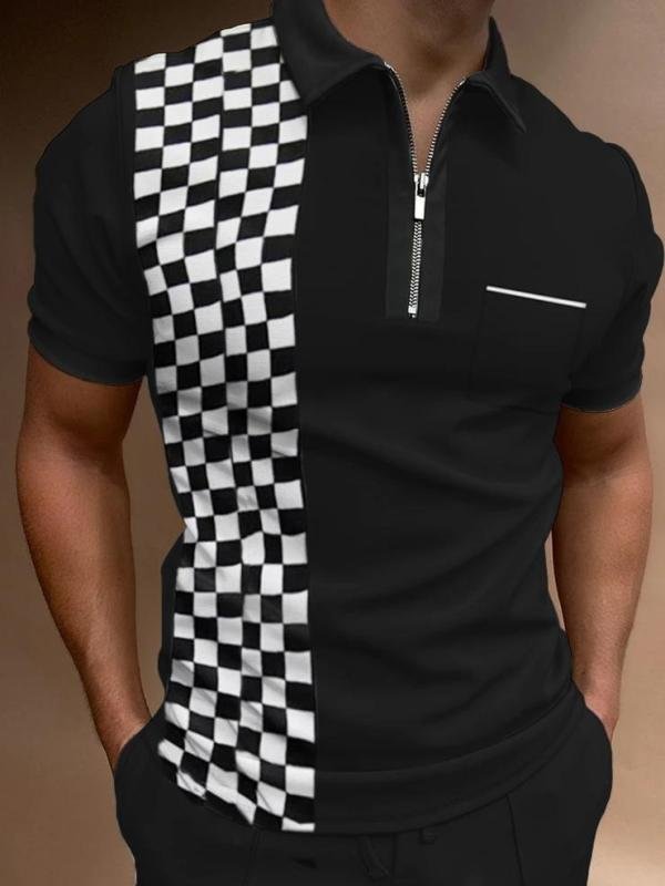 Men's Black and White Check Print Short Sleeve Polo T-Shirt