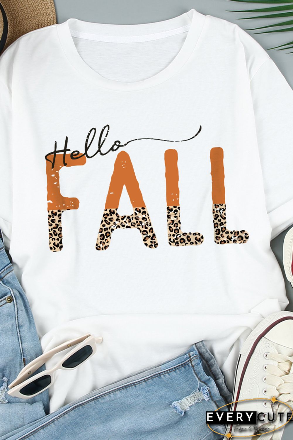 White Hello Fall Leopard Fun Graphic T Shirt