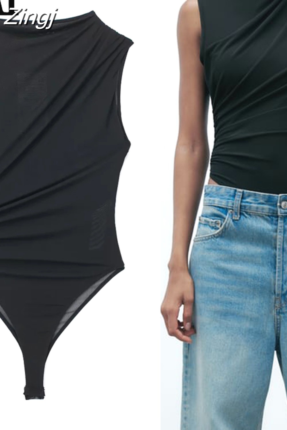 Zingj Tulle Black Body Woman Sleeveless Mesh Bodysuit Women Ruched See