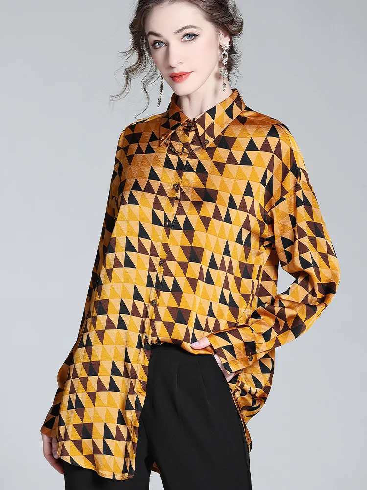 Rhombus Pattern Women's Silk Shirt-Real Silk Life